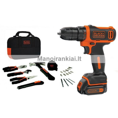 Akumuliatorinis suktuvas/gręžtuvas BDCDD12 10,8V 1,5 Ah+20 priedų Black&Decker