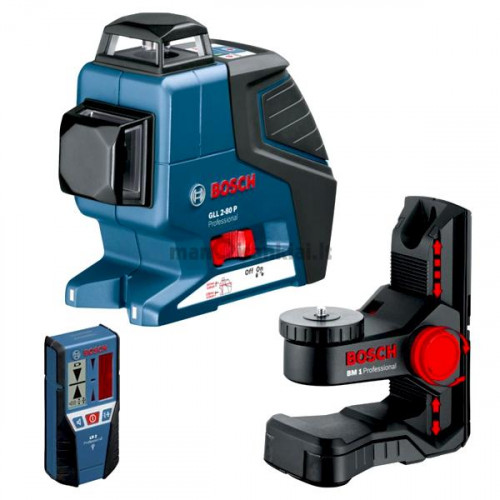 Kryžminių linijų lazeris Bosch GLL 2-80 P + sieninis laikiklis BM1 + imtuvas LR2 Professional